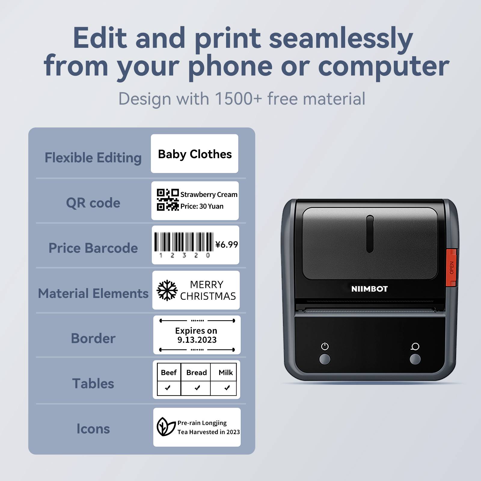 'NIIMBOT'-Drucker zeigt QR-Codes, Barcodes und Etiketten für Babybekleidung, Preis, Materialien und Symbole. Benutzerfreundliche Gestaltung.