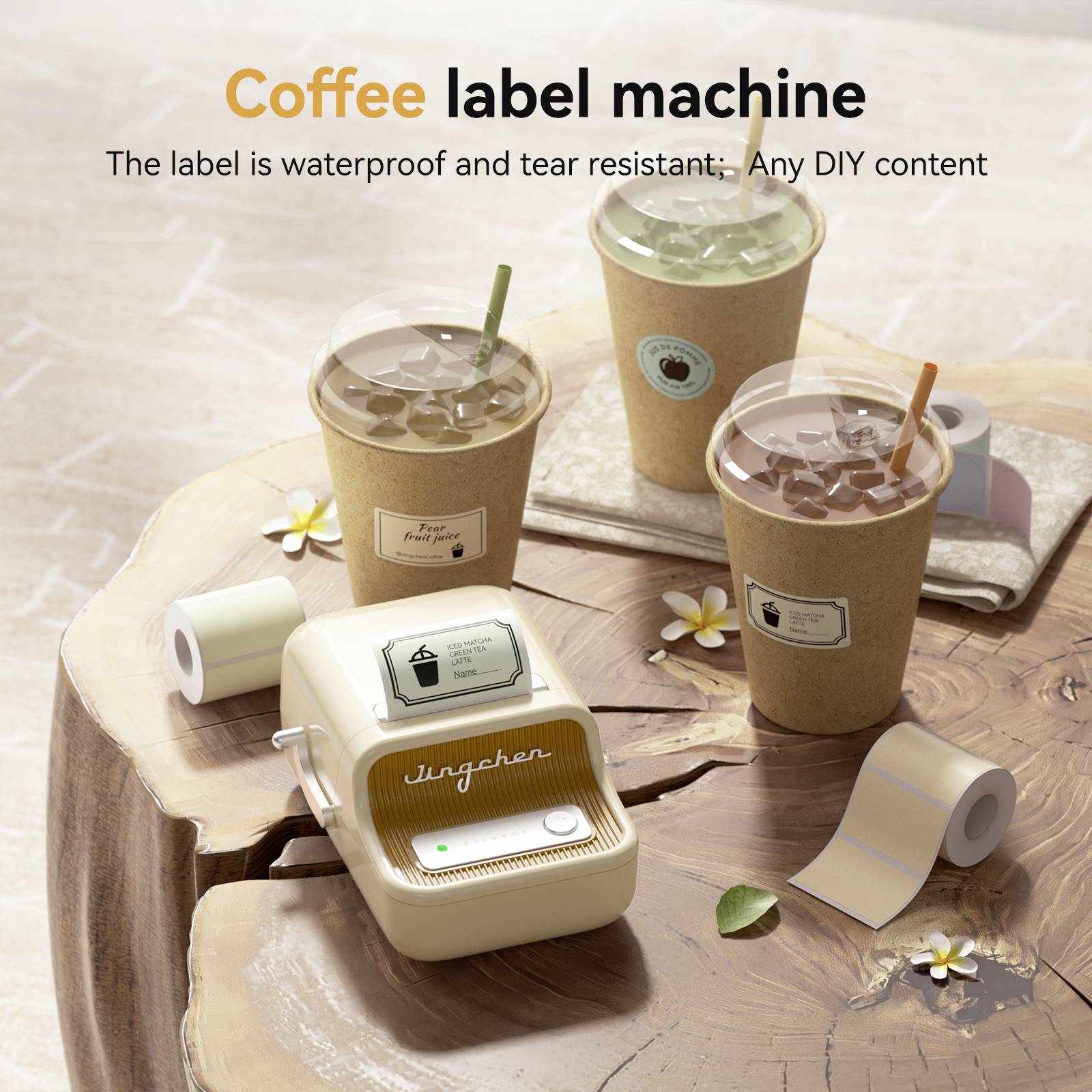 Maschine zum Erstellen von Kaffeelabels auf einem Tisch mit Bechern und Rollen. Text: 'Coffee label machine. The label is waterproof and tear resistant; Any DIY content'.