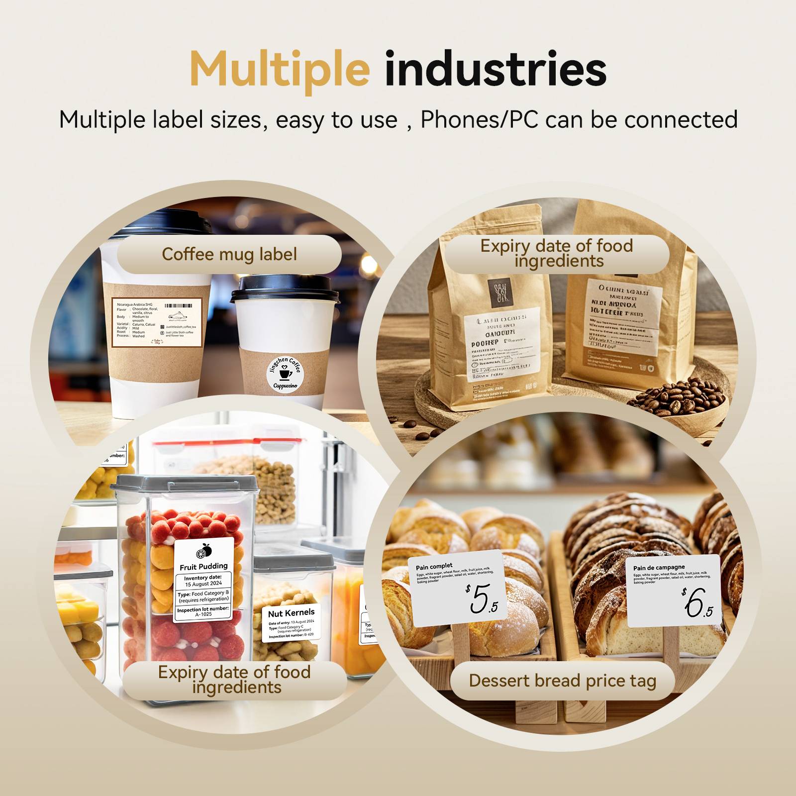 'Etiketten für verschiedene Industrien: Kaffeekannen-Aufkleber, Zutatenverfallsdatum, Dessert-Brotpreisetikett. Kompatibel mit Handy/PC.'
