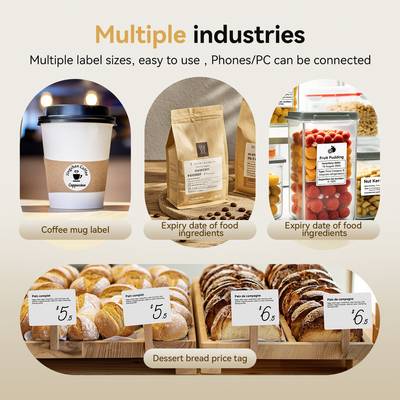 Die Abbildung zeigt Etiketten auf verschiedenen Produkten: einen Kaffeebecher, Lebensmittelzutaten und Gebäck, mit dem Titel 'Multiple industries'.