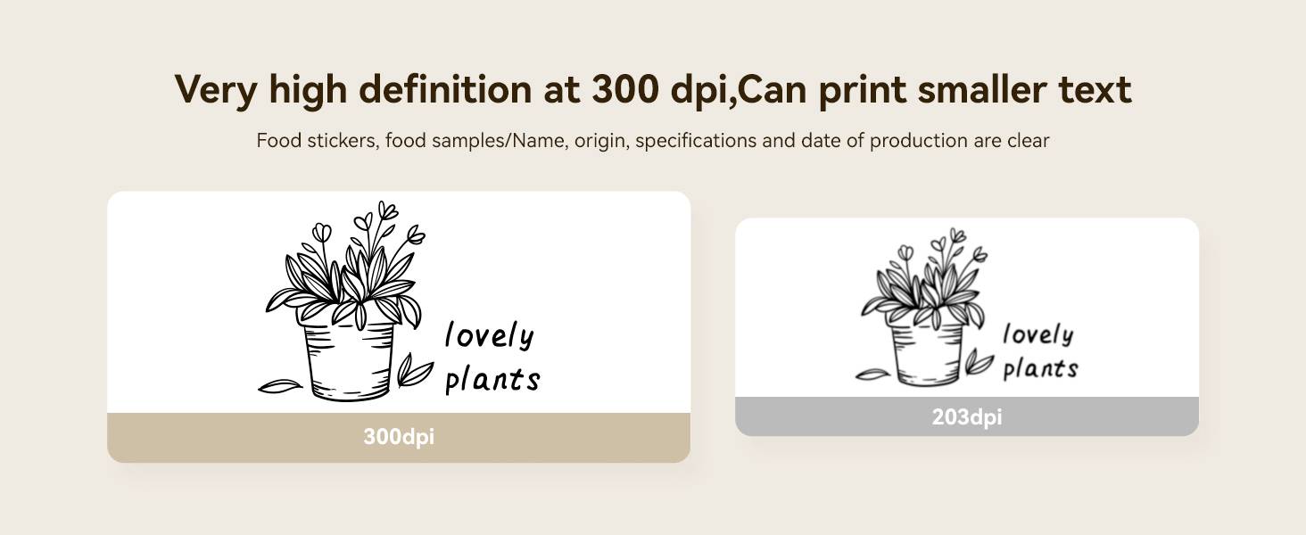 Vergleich von zwei Bildern: Klare Darstellung bei 300 dpi links, unscharf bei 203 dpi rechts. Beide zeigen Topfpflanze mit 'lovely plants'.