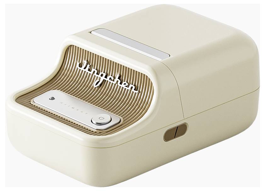 Beige, modernes Gerät mit geschwungenem Design, das wie ein kleiner Dokumenten- oder Etikettendrucker aussieht, mit Bedienelementen an der Vorderseite.