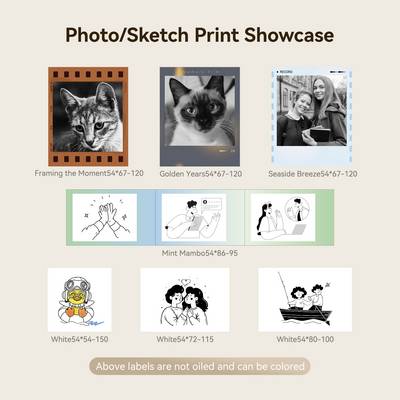 'Photo/Sketch Print Showcase': Vier Fotos oben, darunter drei Skizzen. Beschriftungen mit Dimensionen. Hinweis: Etiketten nicht geölt, färbbar.
