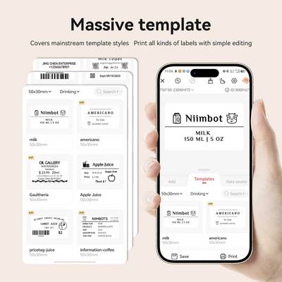 Ein Smartphone zeigt eine App zur Gestaltung und Ausgabe von Etiketten, verschiedene Vorlagen sind sichtbar, darunter Getränketiketten.