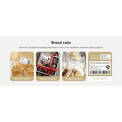 'Brottorte' – Vier Produktverpackungen mit Etiketten, die Namen, Preis, Zutaten und Produktionsdatum anzeigen. Unterschiedliche Größen der Etiketten.