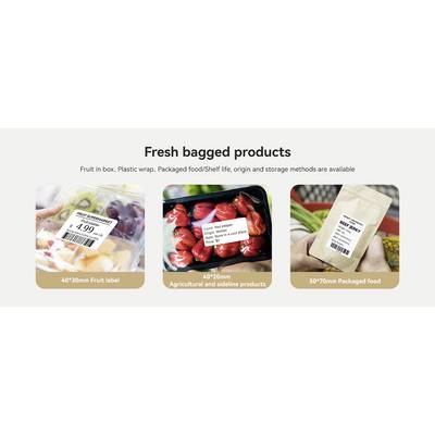 'Fresh bagged products' – Bild zeigt verschiedene verpackte Lebensmittel: Obstbox, Paprikatüte und verpackte Ware mit Etiketten.