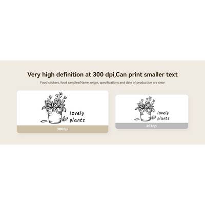 'Beeindruckende Druckqualität bei 300 dpi, kleinere Texte besser lesbar. Vergleich von Aufklebern bei 300 dpi und 203 dpi.'