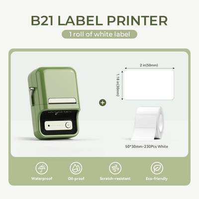Grüne B21 Etikettendrucker mit einer Rolle weißer Etiketten und Größe von 50x30 mm; ikonische Symbole: wasserdicht, ölbeständig, kratzfest, umweltfreundlich.