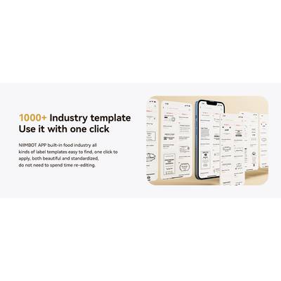 'Werbeabbildung für eine mobile App mit Text '1000+ Industry template. Use it with one click'. Zeigt Bildschirmansichten von Etikettenvorlagen.'