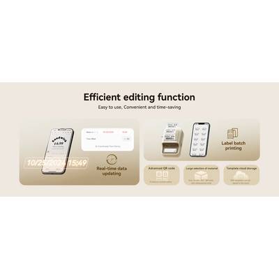 'Drei Mobilgerätebildschirme zeigen 'Efficient editing function', 'Real-time data updating' und 'Label batch printing'. Funktionen: QR-Code, Materialauswahl, Cloud-Speicherung.'
