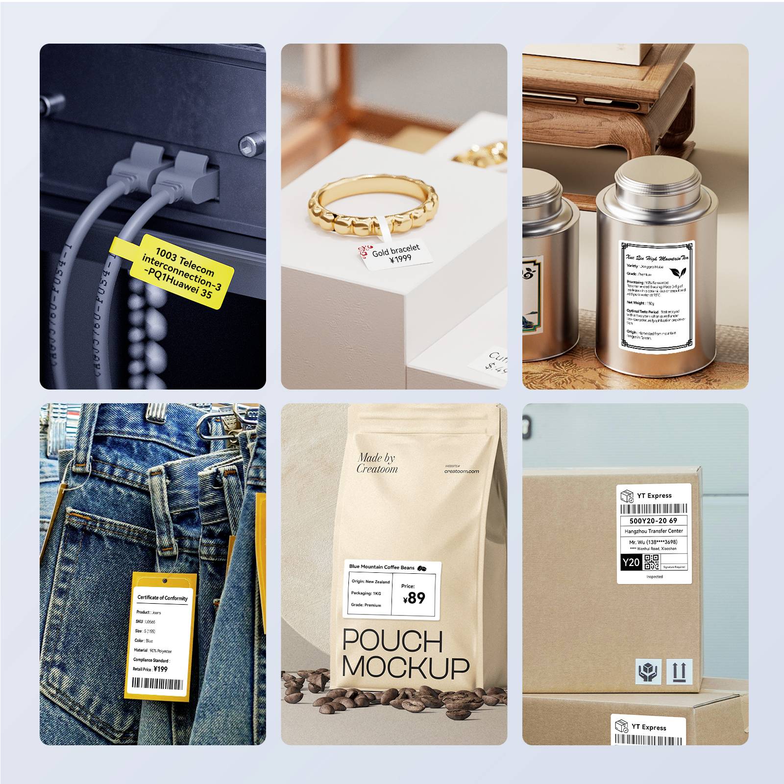 Sechsteilige Collage: Kabel mit Etikett, Schmuckbeschriftung, Teedose, Jeansanhänger, Kaffeepackung, Expressversand-Etikett.