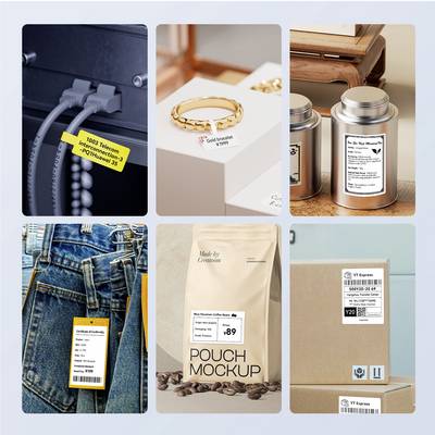 Sechsteilige Collage: Kabel mit Etikett, Schmuckbeschriftung, Teedose, Jeansanhänger, Kaffeepackung, Expressversand-Etikett.