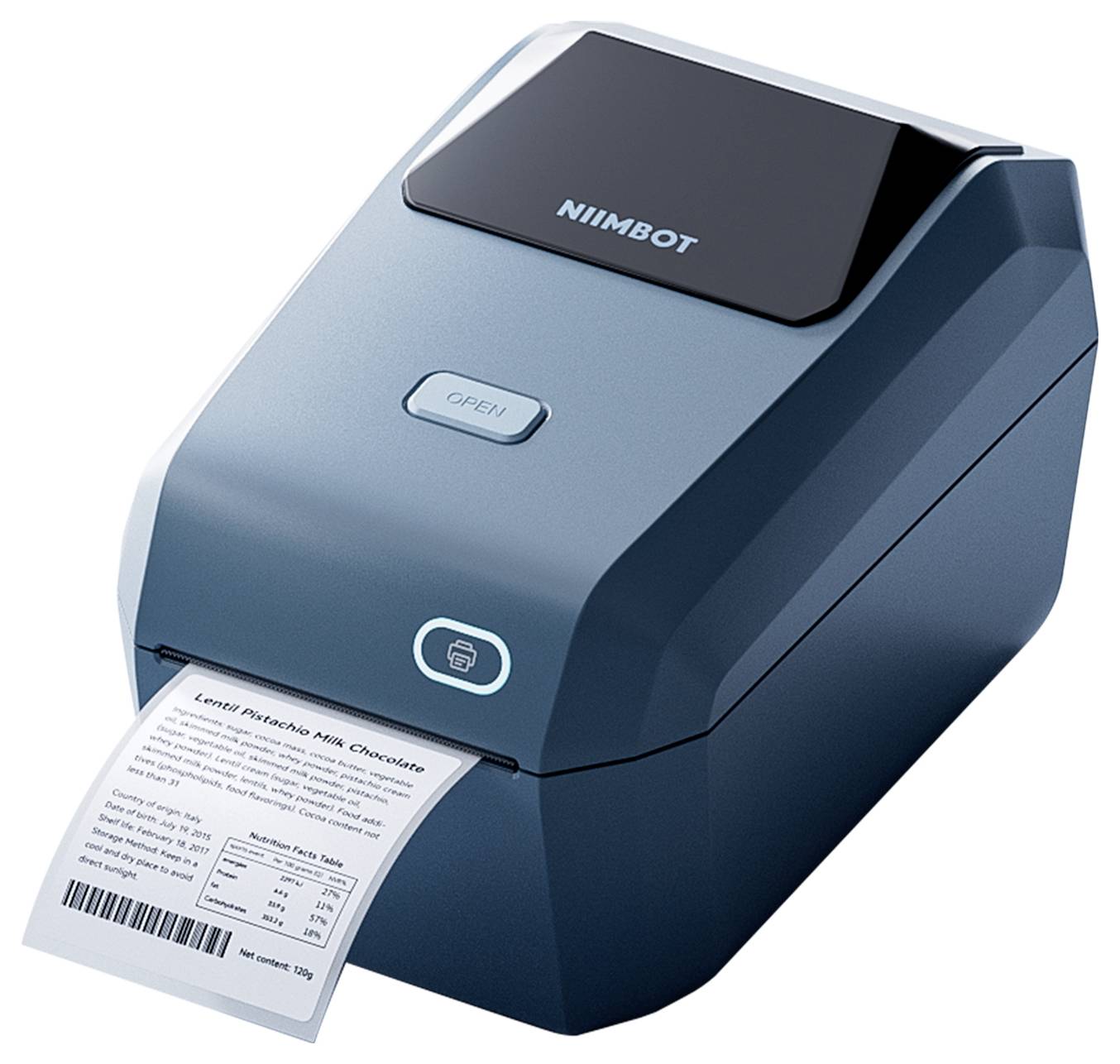 Ein blauer Etikettendrucker gibt ein Etikett mit Text aus. Oben befindet sich die Aufschrift 'NIIMBOT'.