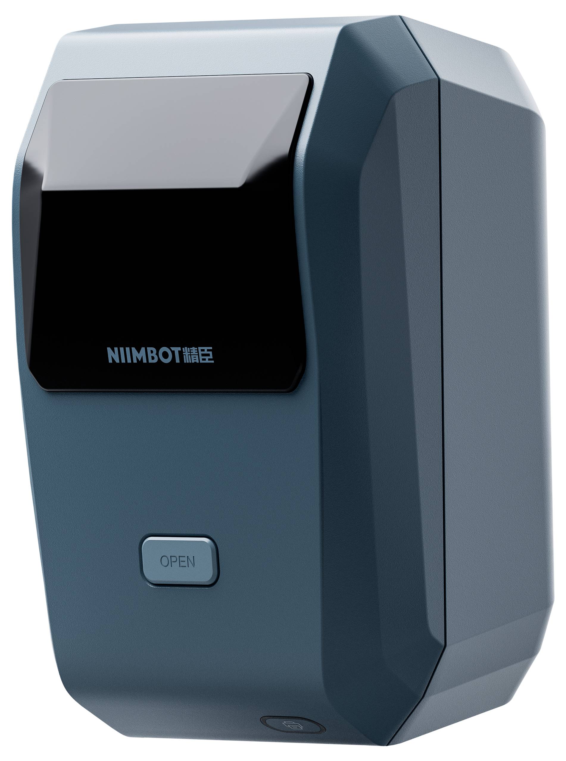 Ein kompakter blauer Etikettendrucker mit schwarzem Display und der Aufschrift 'NIIMBOT' auf der Front.