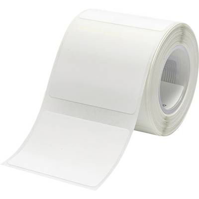Eine Rolle mit weißen rechteckigen Etiketten zum Bedrucken.