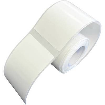 Eine Rolle mit weißen, rechteckigen Etiketten. Die Etiketten sind gleichmäßig angeordnet und für Druckzwecke geeignet.