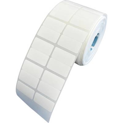 Eine Rolle weißer selbstklebender Etiketten auf transparentem Trägerpapier, geeignet für Druckanwendungen und Beschriftungen.