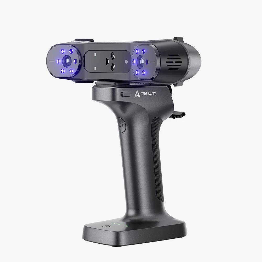 Ein 3D-Scanner mit ergonomischem Handgriff und mehreren blauen LED-Lichtern auf der Vorderseite. Ideal für präzises Scannen.
