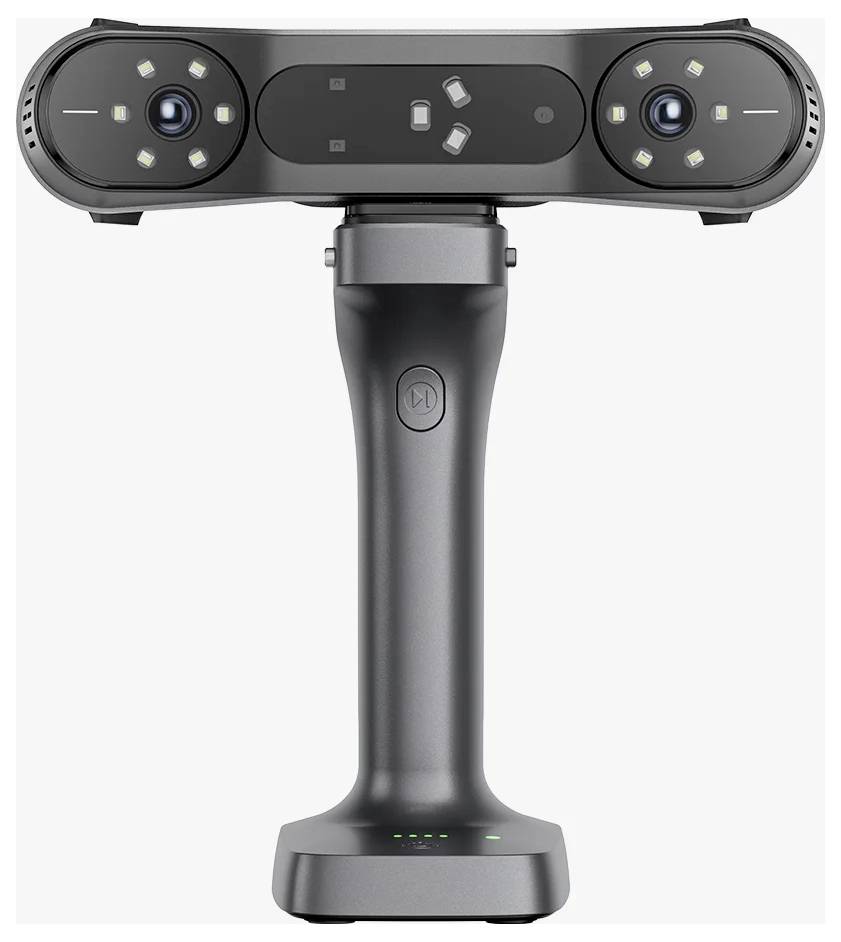 Ein Handscanner mit dualen Kameras oben, geeignet für 3D-Objekt-Erfassung. Zwei Linsen und mehrere Lichter zur Belichtung sind sichtbar.