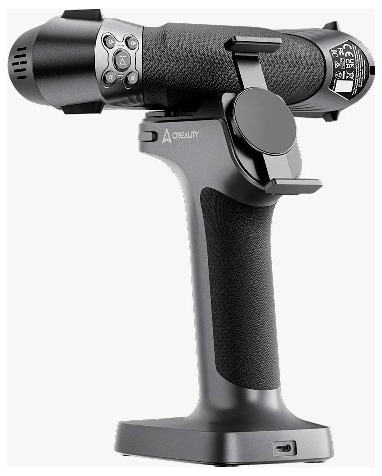 Ein schwarzes, modernes Werkzeug mit Griff, vermutlich eine elektrische Pistole für DIY-Projekte, Markenname 'CREALITY' an der Seite.