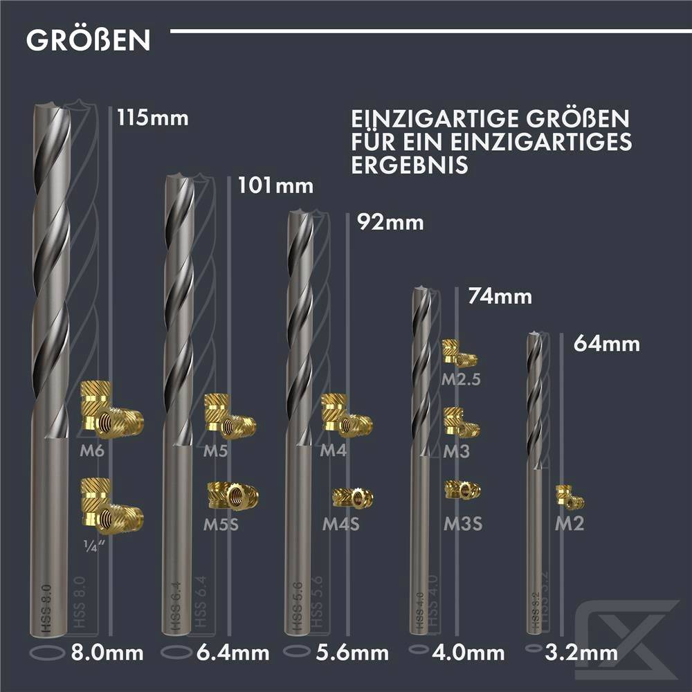 Bohrer in verschiedenen Größen (8,0 mm bis 3,2 mm) dargestellt mit Längenangaben (115 mm bis 64 mm) und Verwendungszweck.