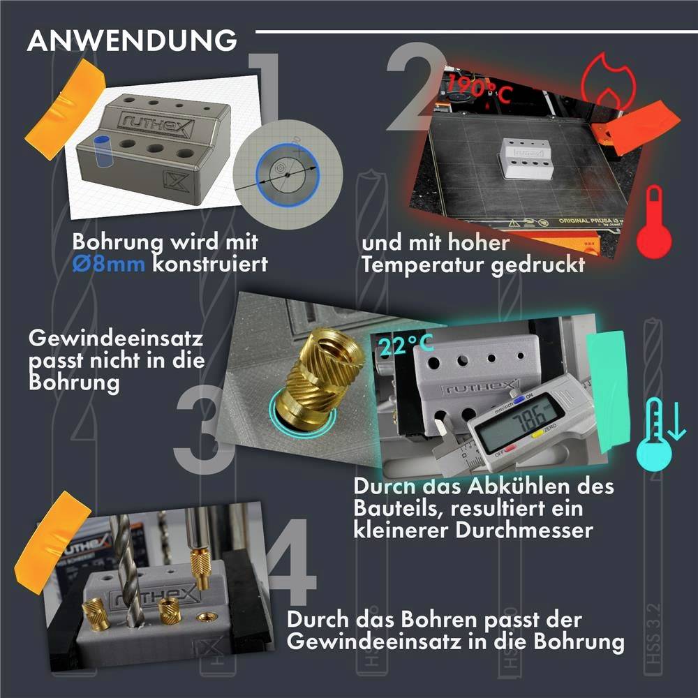 'Anleitung für Gewindeeinsatz: 1. Bohrung mit Ø8mm. 2. Druck bei 190°C. 3. Einsatz passt nicht. 4. Abkühlen führt zu kleinerem Durchmesser und passt.'