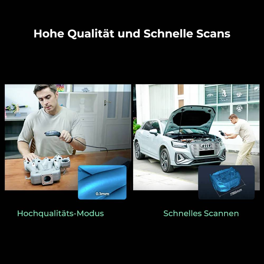 'Hohe Qualität und Schnelle Scans' Text über zwei Bildern. Links: Mann scannt Motor im Hochqualitäts-Modus. Rechts: Mann scannt Auto-Motorhaube für schnelles Scannen.