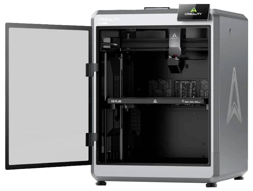 Ein 3D-Drucker mit geöffnetem Gehäuse zeigt das Innenleben. Auf dem Gehäuse steht 'CREALITY'.