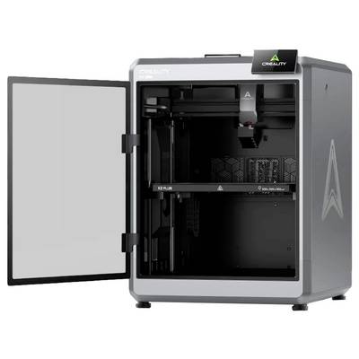 Ein 3D-Drucker mit geöffnetem Gehäuse zeigt das Innenleben. Auf dem Gehäuse steht 'CREALITY'.