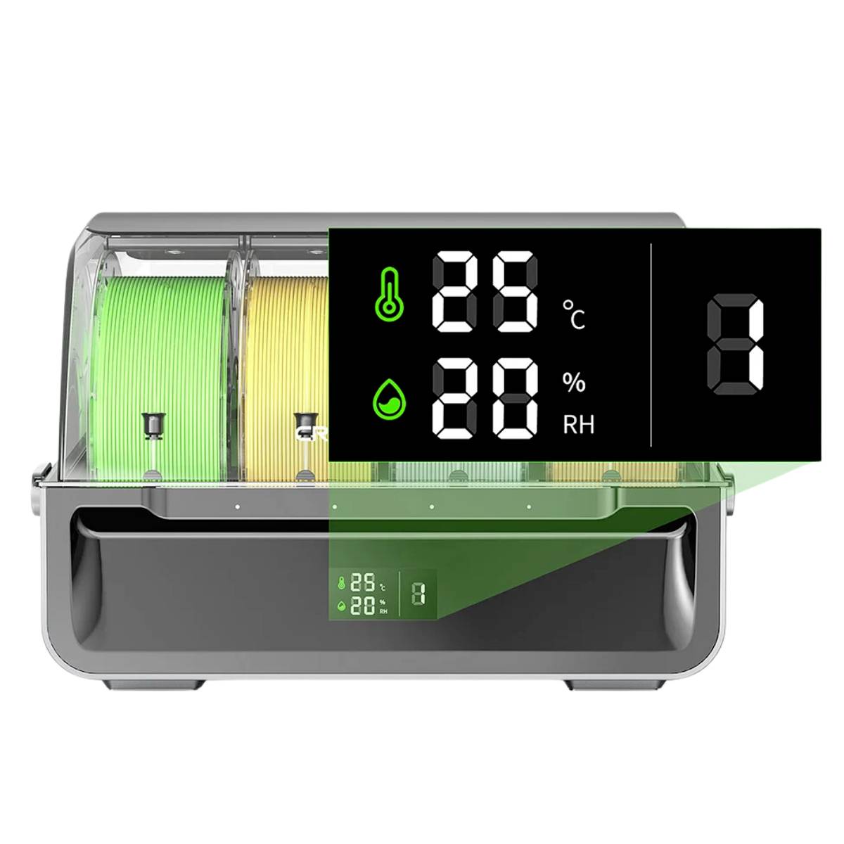 Ein Filamentbehälter mit digitaler Anzeige zeigt eine Temperatur von 25°C und eine Luftfeuchtigkeit von 20% RH an. Es ist Filament eingelegt.