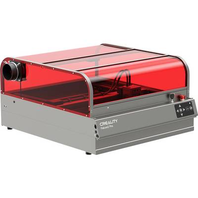 Grauer Lasergravierer mit roter Abdeckung, Knopf und Bedienfeld an der Vorderseite, beschriftet mit 'CREALITY Falcon2 Pro'.
