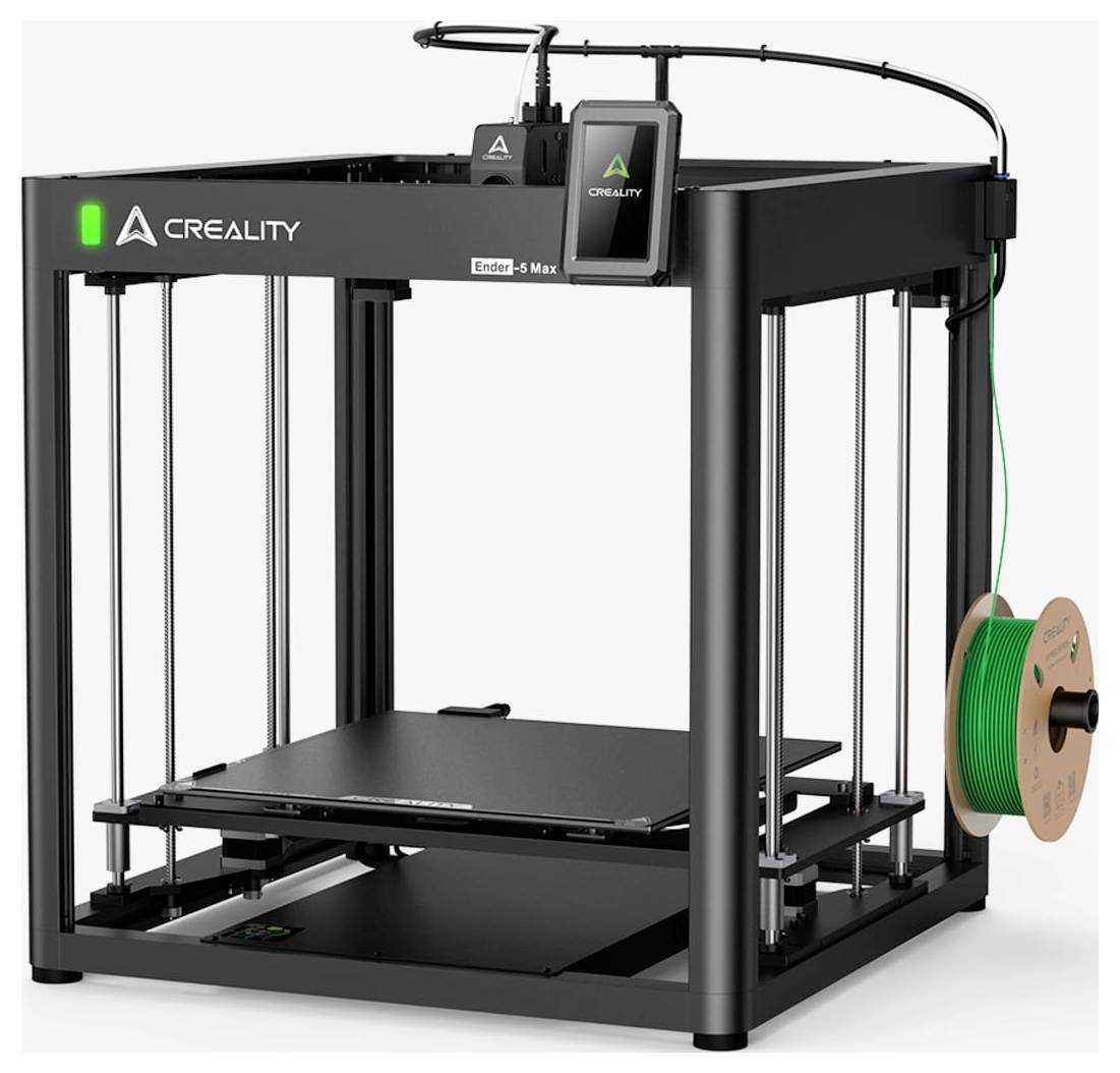 Ein 3D-Drucker Modell 'Creality Ender-5 Max' mit schwarzem Rahmen und Filamentrolle an der Seite.