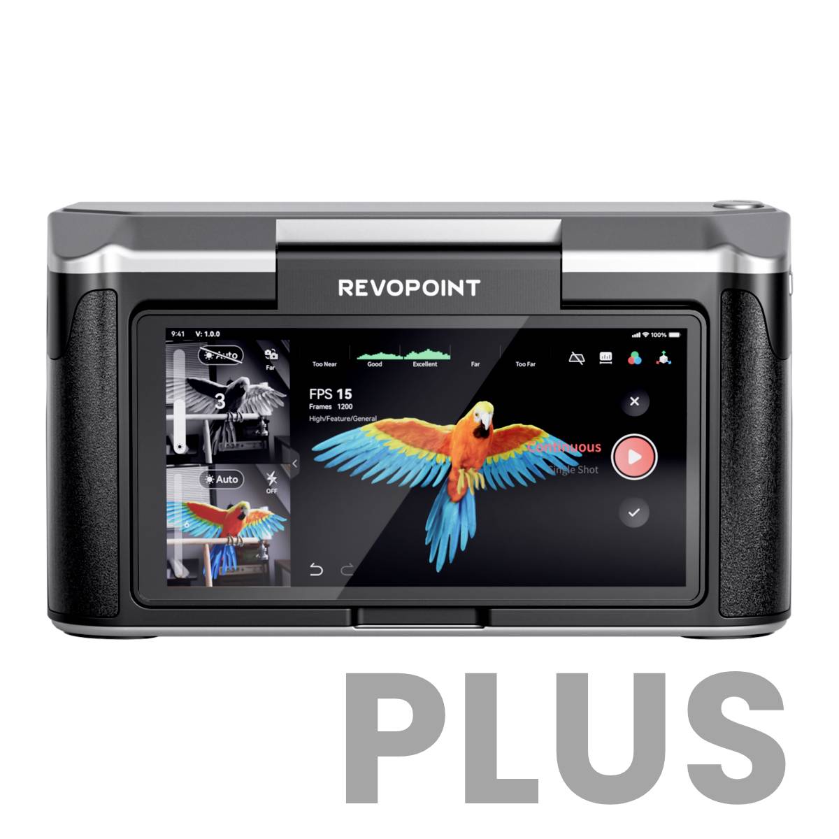 Ein 3D-Scanner mit Display und Logo 'REVOPOINT', zeigt ein Bild eines bunten Papageis auf dem Bildschirm.