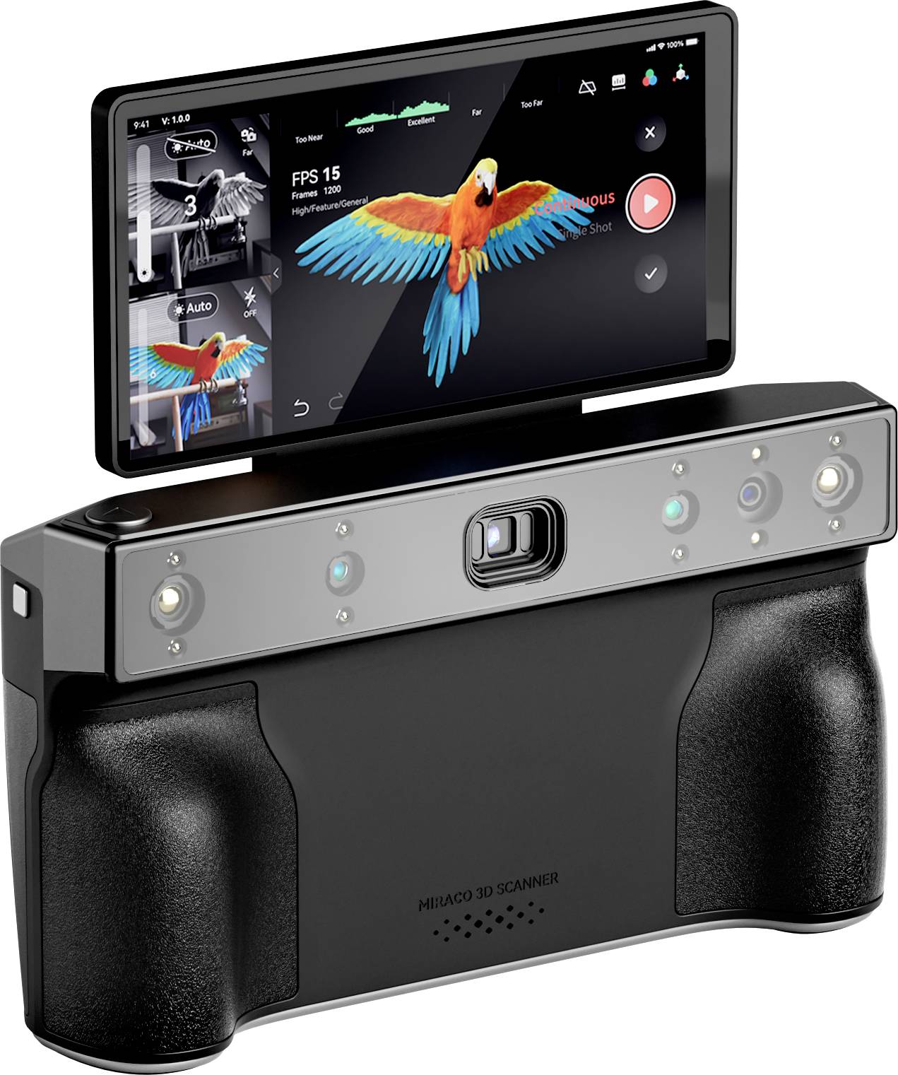Mobiler 3D-Scanner mit eingebautem Display, das eine farbenfrohe Papageiengrafik zeigt. Paneel mit mehreren Kameras und Sensoren.