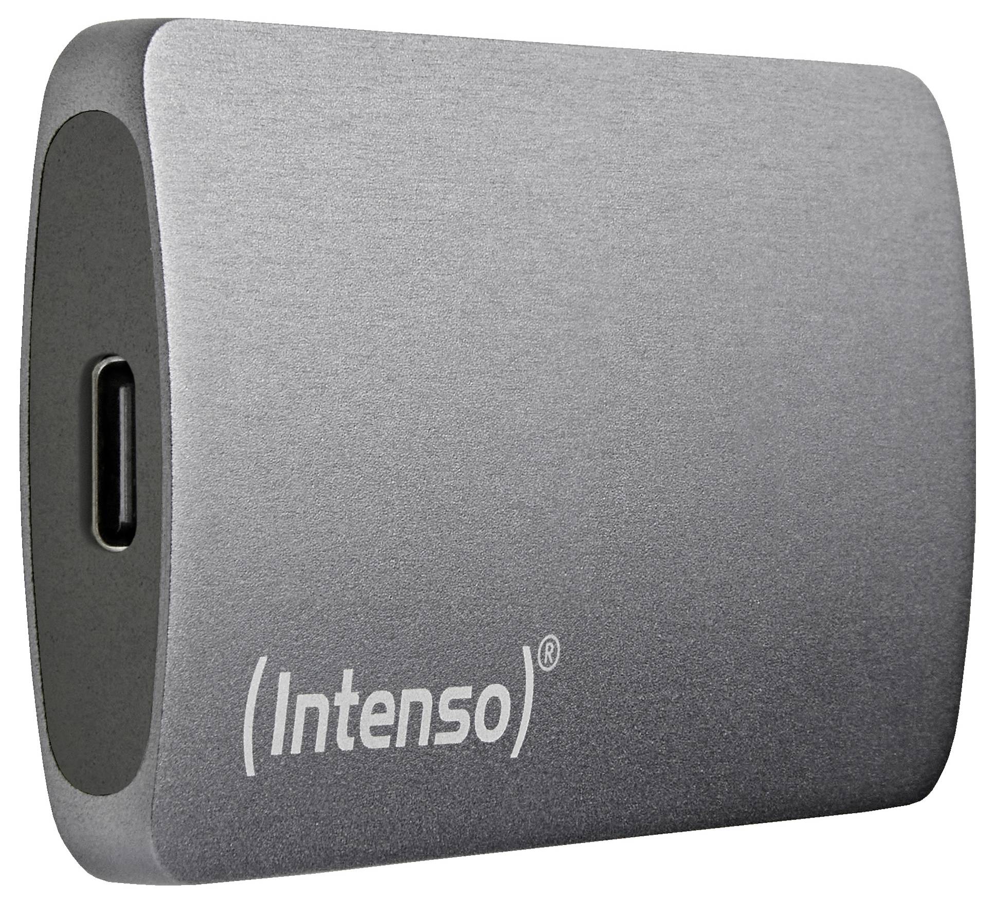 Externe Festplatte mit USB-C-Anschluss und dem Schriftzug 'Intenso' auf der Vorderseite.