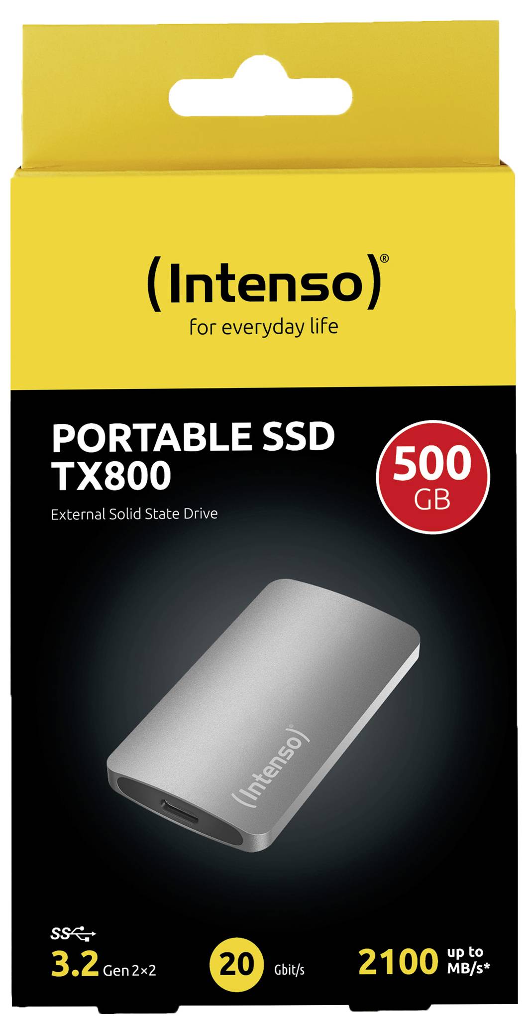 'Intenso PORTABLE SSD TX800'. Externe SSD mit 500 GB. Geschwindigkeiten bis zu 2100 MB/s, USB 3.2 Gen 2x2, 20 Gbit/s. Verpackung zeigt Produktbild.