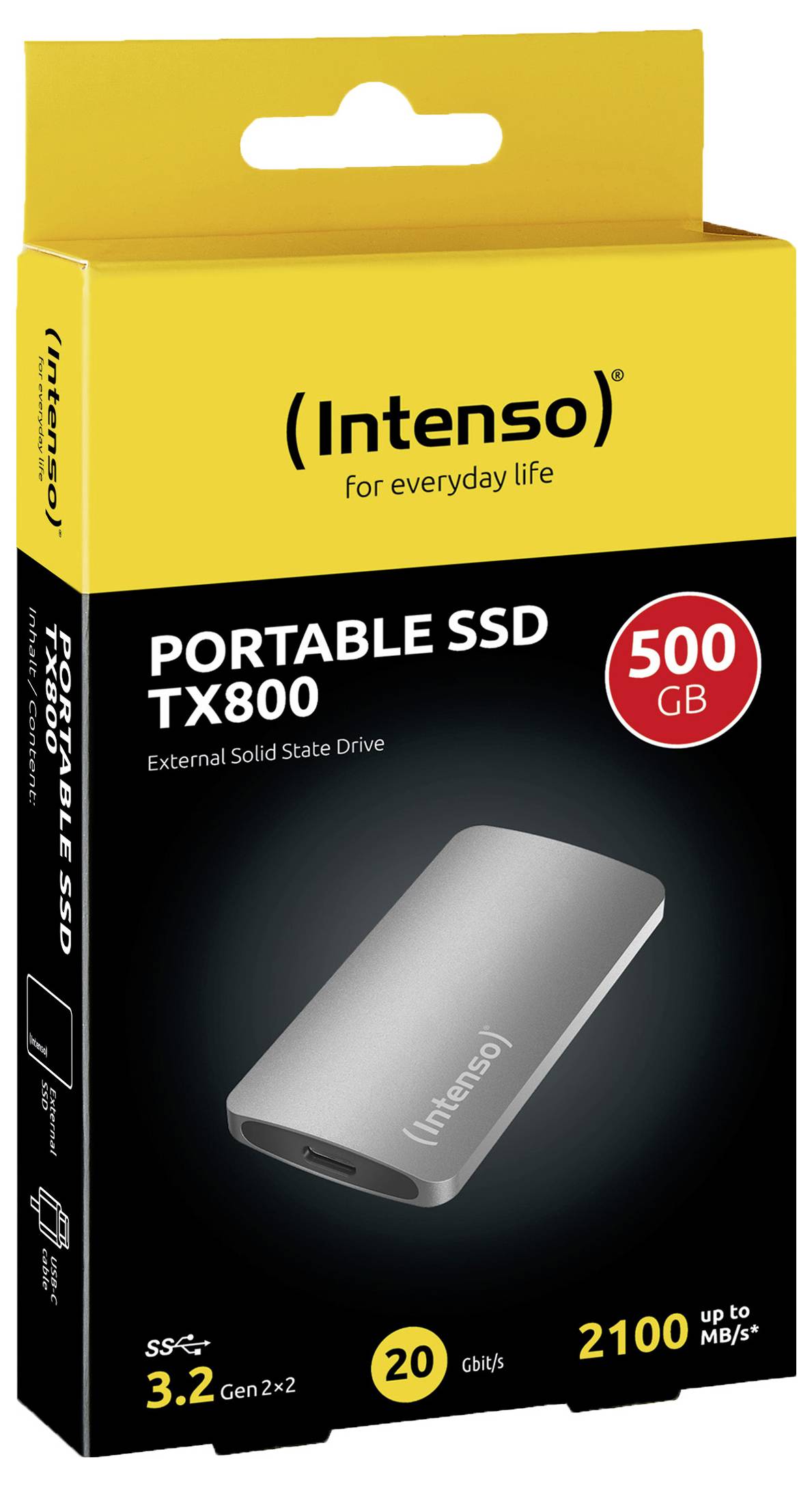 'Intenso Portable SSD TX800' Verpackung zeigt ein externes Solid State Drive mit 500 GB Speicher, 3.2 Gen2x2 Schnittstelle und 2100 MB/s Geschwindigkeit.