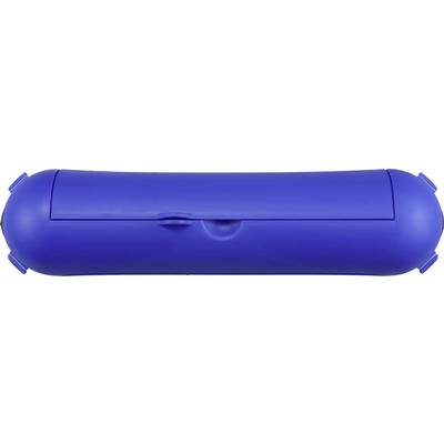Blaue, zylindrische Kunststoffbox mit Klappdeckel.