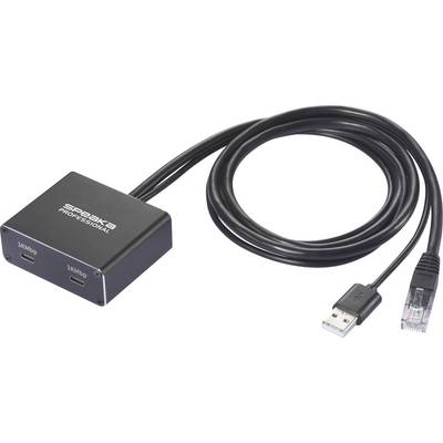 Schwarzes USB-C-Adapterkabel mit zwei Eingängen und einem USB-A- und Ethernet-Stecker, geeignet für professionelle Verbindungen.