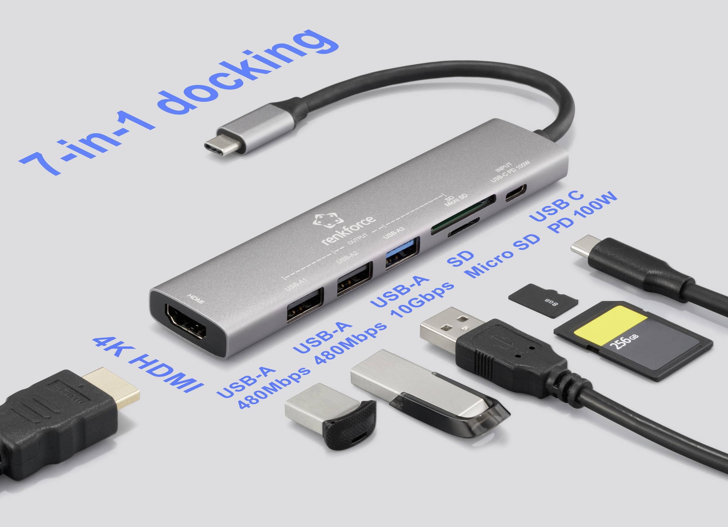 Ein grauer USB-C-Hub mit dem Text „7-in-1 Docking", ausgestattet mit Anschlüssen für HDMI, USB-A, USB-C, SD, microSD und Stromversorgung bis zu 100W.