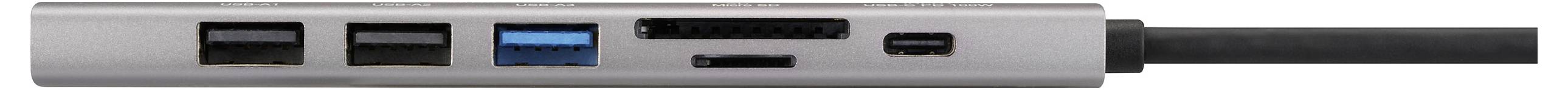 Ein kompakter USB-Hub mit zwei USB-3.0-Anschlüssen, einem USB-C-Anschluss und einem SD-Kartenslot, alles in einem eleganten silbernen Design, verbunden durch ein schwarzes Kabel.