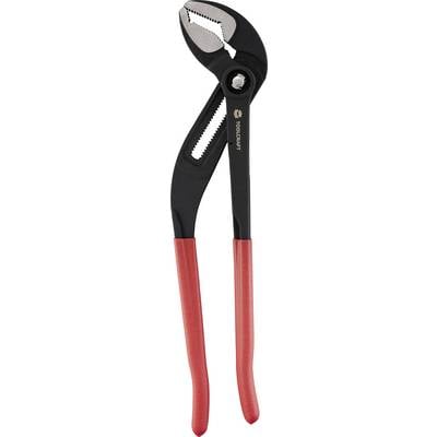 Eine Zange mit roten Griffen, verstellbar, mit schwarzem Metallgehäuse und gezahnter Backe, entwickelt zum Greifen und Drehen von Gegenständen.