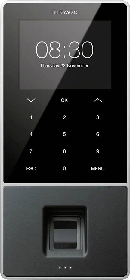 Ein Fingerabdruckscanner mit einem digitalen Display, das '08:30' und 'Thursday 22 November' anzeigt. Tasten für Zahlen und Navigation sind sichtbar.