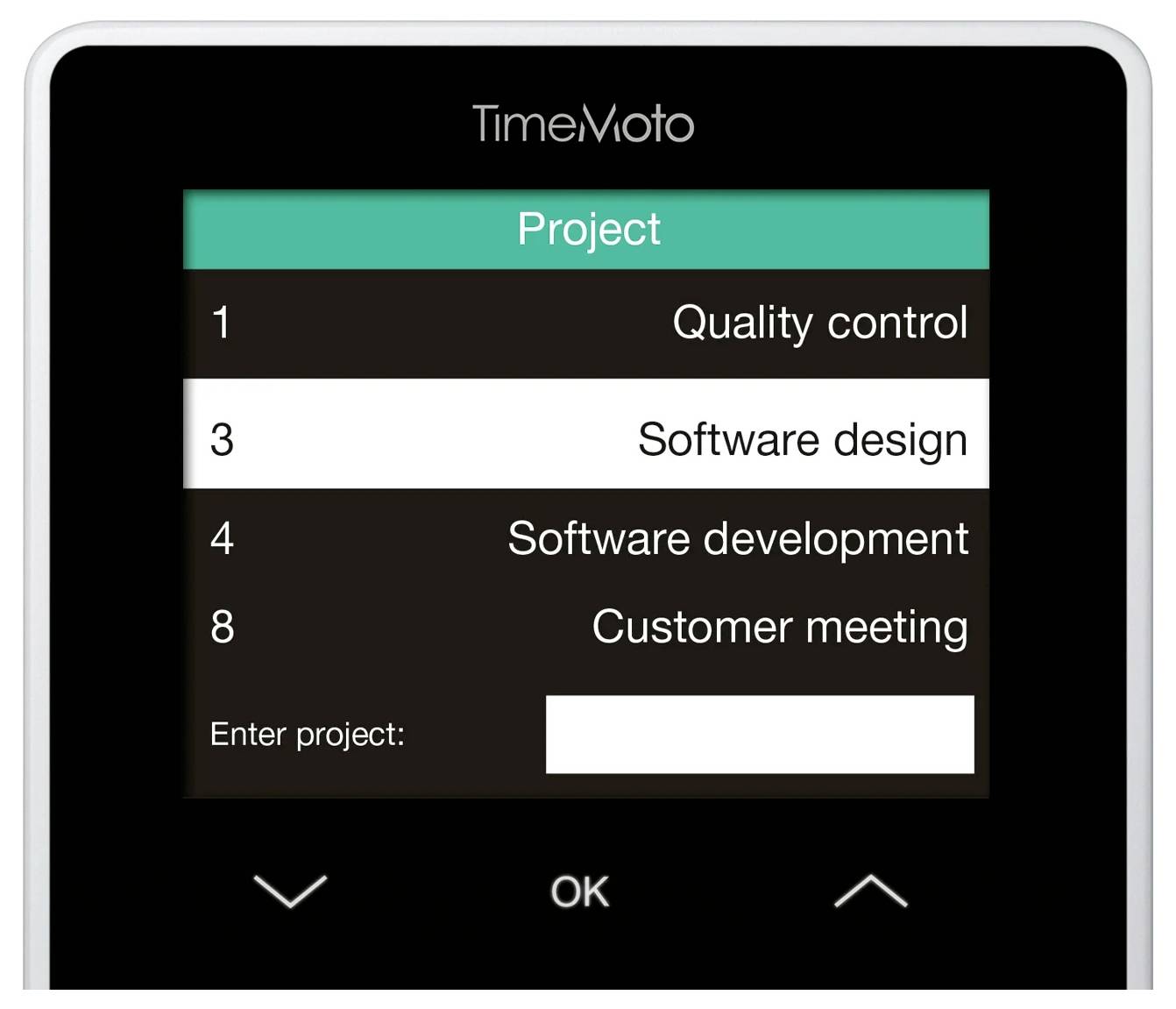 Display eines Geräts mit Projektliste: '1 Quality control', '3 Software design', '4 Software development', '8 Customer meeting'.