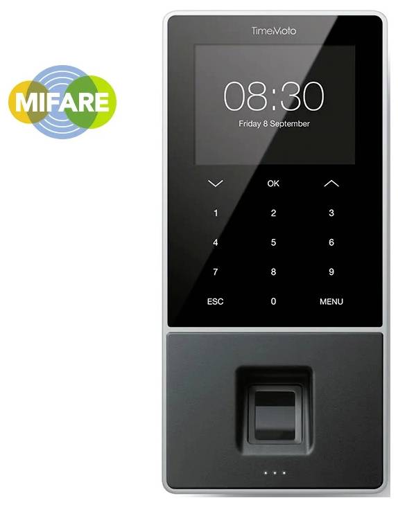Ein digitales Zeiterfassungsterminal mit Fingerabdruckscanner und Touchscreen. Zeigt die Uhrzeit 08:30 und Datum, Freitag, 8. September. MIFARE-Logo links oben.