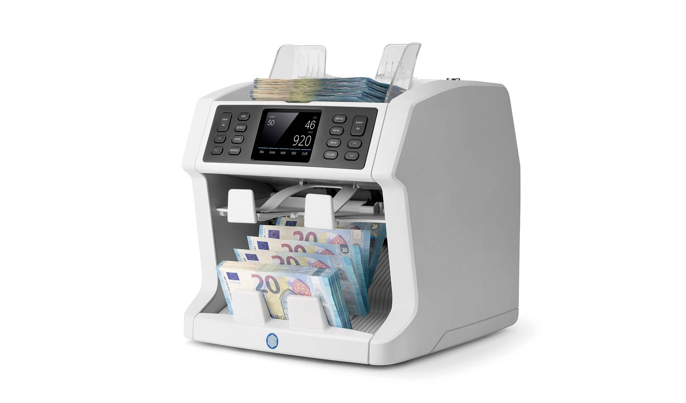 Ein Geldzählgerät zählt Euro-Scheine. Auf dem Display sind der Betrag und die Stückzahl zu sehen.