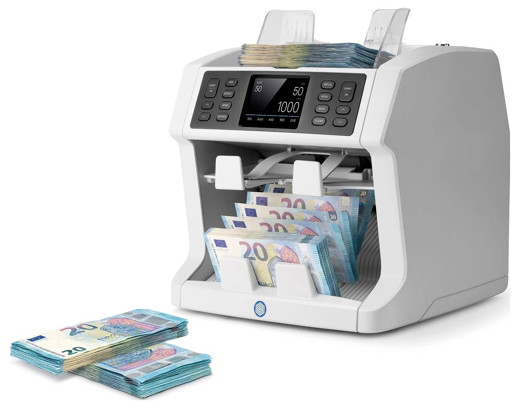 'Geldzählmaschine zählt ein Bündel von Euro-Geldscheinen. Anzeige zeigt Zählstand: 50 Scheine, Wert 1000 Euro.'