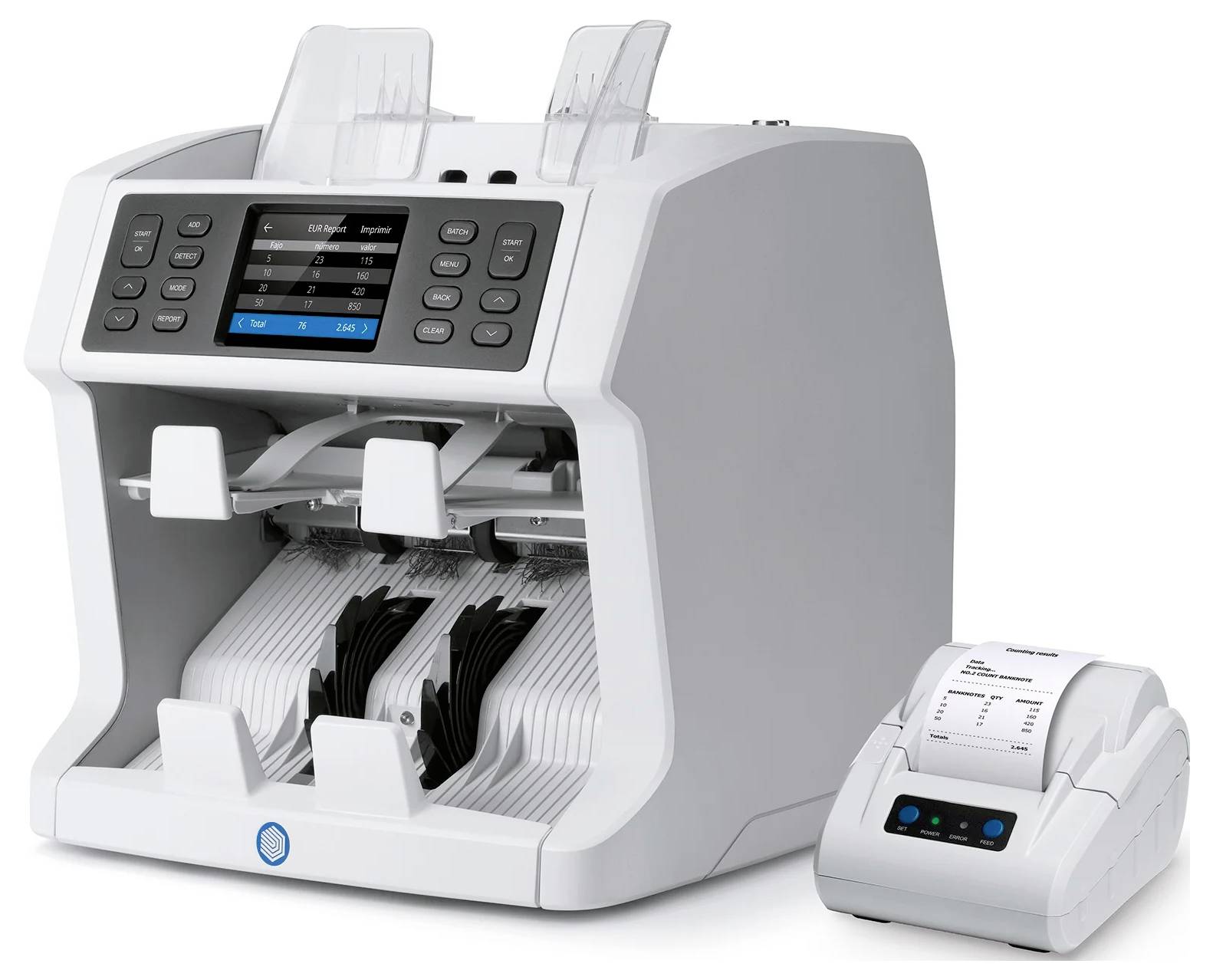 Eine professionelle Geldzählmaschine mit digitalem Display und Bedienfeld. Daneben ein kleinerer Drucker zur Ausgabe von Ergebnissen.