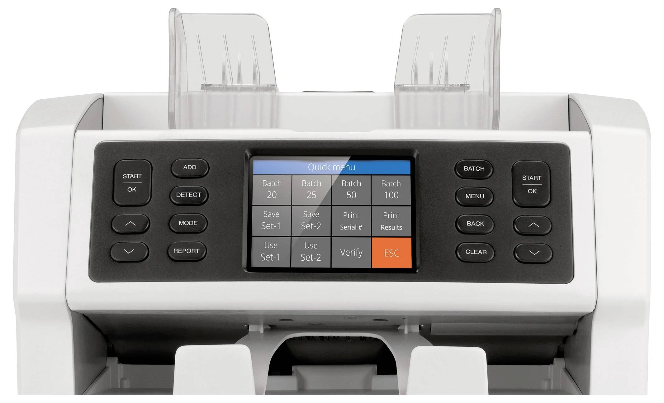 Ein elektronisches Gerät mit einem Display und zahlreichen Tasten. Der Bildschirm zeigt mehrere Funktionen wie 'Batch 20' und 'ESC'.