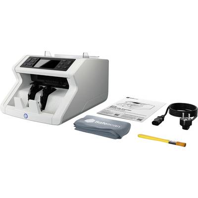 Geldzählmaschine mit Netzteil, Reinigungstuch, Bedienungsanleitung und Reinigungsstift. Hauptgerät aus weißem Material mit Display und Tastenfeld.